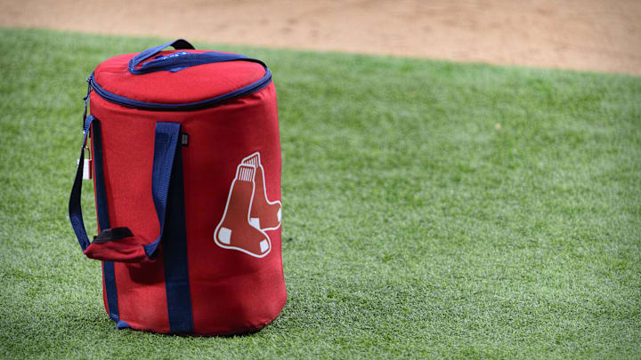 Apr 29, 2021; Arlington, Texas, USA; A view of the Boston Red Sox logo and a field bag during batting practice before the game between the Texas Rangers and the Boston Red Sox at Globe Life Field. Mandatory Credit: Jerome Miron-Imagn Images