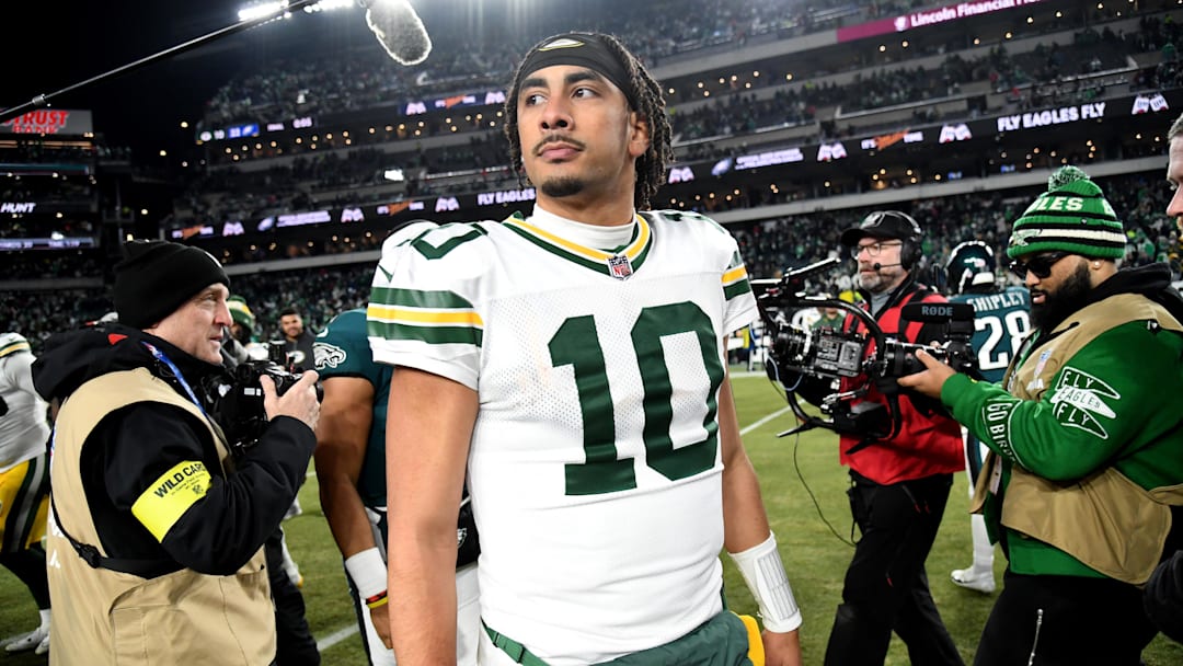 Jan 12, 2025; Philadelphia, Pennsylvania, USA; Green Bay Packers quarterback Jordan Love (10) on the field after loss to the Philadelphia Eagles in an NFC wild card game at Lincoln Financial Field. Mandatory Credit: Eric Hartline-Imagn Images