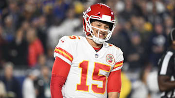 Nov 19, 2018; Los Angeles, CA: Kansas City Chiefs quarterback Patrick Mahomes (15) smiles during a timeout in the second quarter against the Los Angeles Rams at the Los Angeles Memorial Coliseum. Mandatory Credit: Robert Hanashiro-Imagn Images