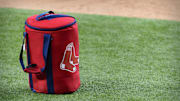 Apr 29, 2021; Arlington, Texas, USA; A view of the Boston Red Sox logo and a field bag during batting practice before the game between the Texas Rangers and the Boston Red Sox at Globe Life Field. Mandatory Credit: Jerome Miron-Imagn Images