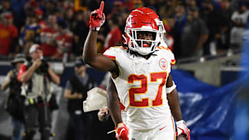Nov 19, 2018; Los Angeles, CA: Kansas City Chiefs running back Kareem Hunt (27) celebrates scoring in the second quarter against the Los Angeles Rams at the Los Angeles Memorial Coliseum. Mandatory Credit: Robert Hanashiro-Imagn Images