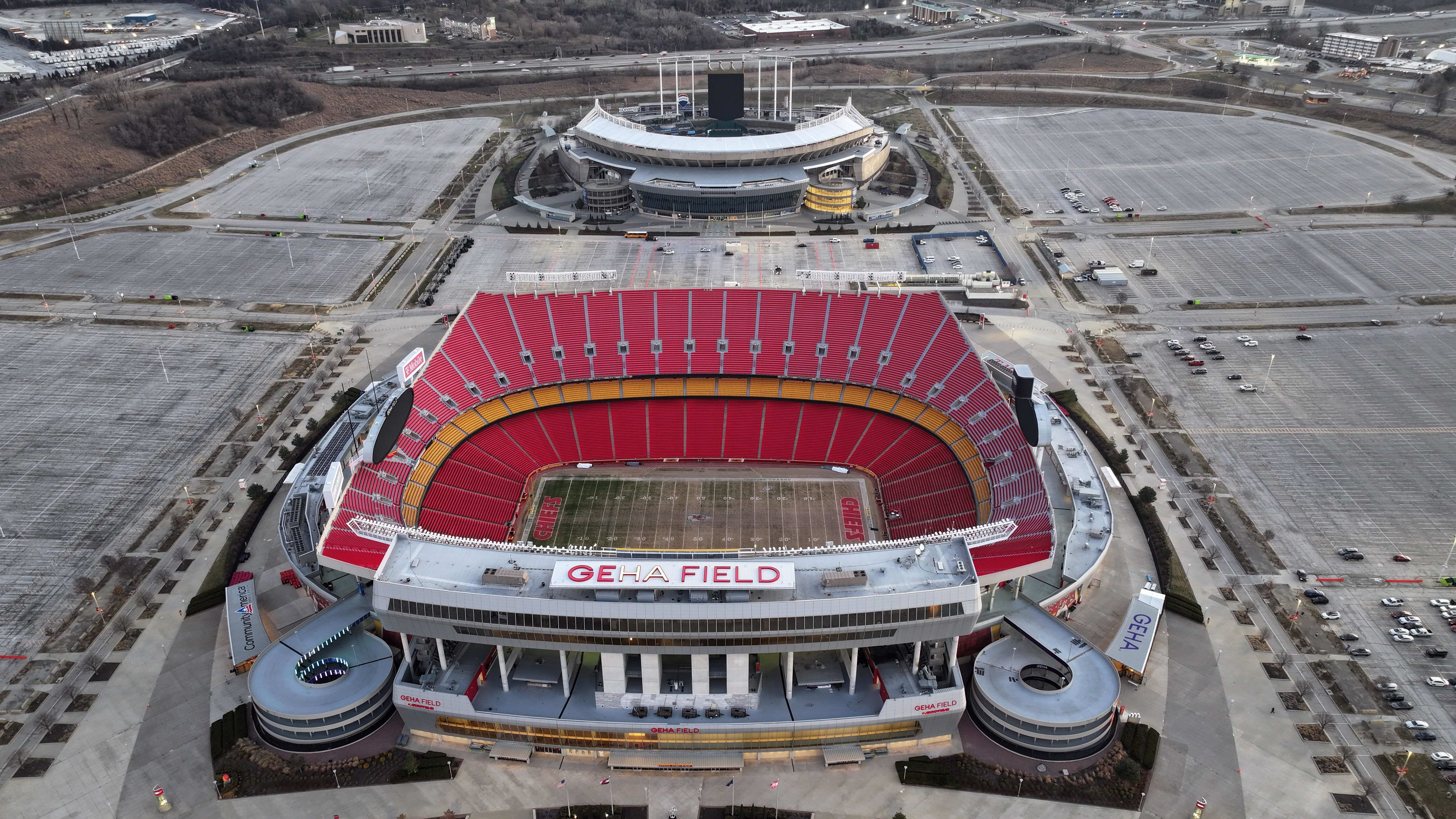 Aerial view of Truman Sports Complex in Kansas City, with the Chiefs' Arrowhead Stadium in the foreground.