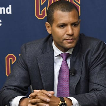 Jul 26, 2017; Cleveland, OH, USA; Cleveland Cavaliers general manager Koby Altman speaks to reporters during a press conference at Cleveland Clinic Courts. Mandatory Credit: David Richard-Imagn Images