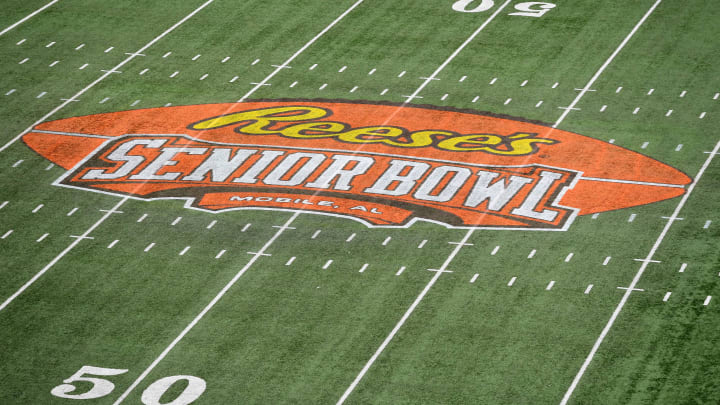 Jan 27, 2018; Mobile, AL, USA; General view of the Reese's center field logo for the Senior Bowl.