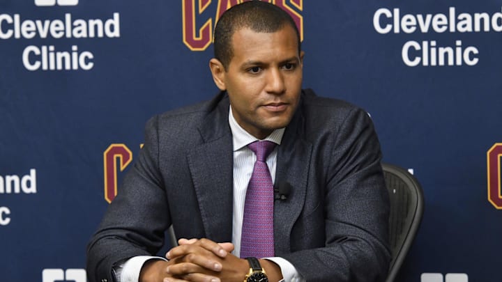 Jul 26, 2017; Cleveland, OH, USA; Cleveland Cavaliers general manager Koby Altman speaks to reporters during a press conference at Cleveland Clinic Courts. Mandatory Credit: David Richard-Imagn Images