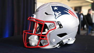 Jan 17, 2024; Foxborough, MA, USA; A New England Patriots helmet sits on a table at Gillette Stadium. Mandatory Credit: Eric Canha-USA TODAY Sports