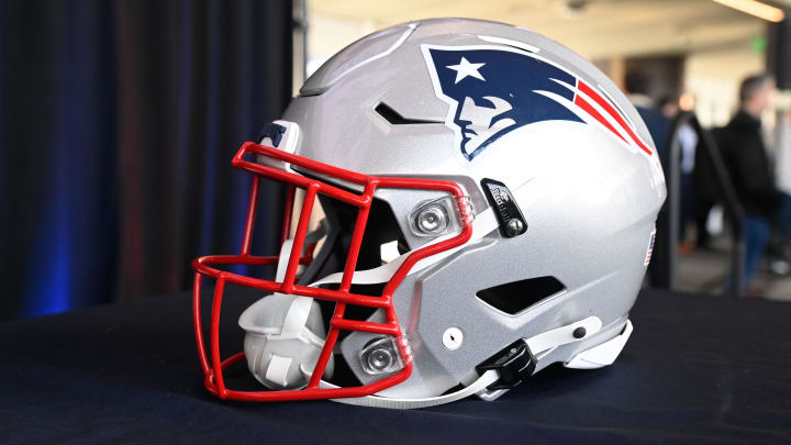 Jan 17, 2024; Foxborough, MA, USA; A New England Patriots helmet sits on a table at Gillette Stadium. Mandatory Credit: Eric Canha-USA TODAY Sports