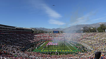 Jan 1, 2020; Pasadena, California, USA; General view during the B-2 flyover during the national anthem before the 106th Rose Bowl game between the Oregon Ducks and the Wisconsin Badgers at Rose Bowl Stadium.