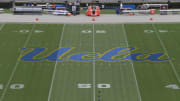 Sep 3, 2017; Pasadena, CA, USA; General overall view of the UCLA Bruins logo at midfield during a NCAA football game between the Texas A&M Aggies and the UCLA Bruins at Rose Bowl. Mandatory Credit: Kirby Lee-USA TODAY Sports