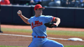 Ole Miss' Grayson Saunier pitches vs. Iowa at Oxford-University Stadium in Oxford, Miss. on Sunday, March 3, 2024. Ole Miss won 8-3.