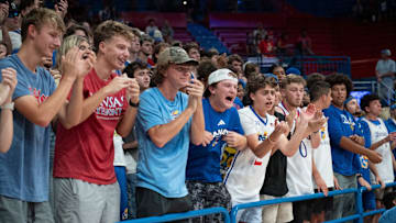 Students cheer during Late Night in the Phog, Friday, Oct. 17, 2025 at Allen Fieldhouse .