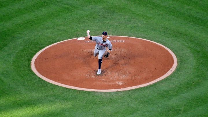 Jun 27, 2024; Anaheim, California, USA; Detroit Tigers starting pitcher Jack Flaherty (9) throws against the Los Angeles Angels during the second inning at Angel Stadium. Mandatory Credit: Gary A. Vasquez-USA TODAY Sports