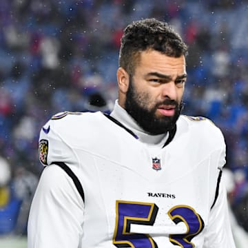 Jan 19, 2025; Orchard Park, New York, USA; Baltimore Ravens linebacker Kyle Van Noy (53) looks on during the first quarter against the Buffalo Bills in a 2025 AFC divisional round game at Highmark Stadium. Mandatory Credit: Mark Konezny-Imagn Images