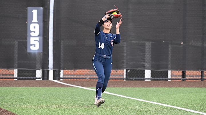 May 9, 2024; Providence, RI, USA; UConn Huskies outfielder Lexi Hastings (14) makes a catch against the Creighton Bluejays during the BIG EAST Softball Tournament at Glay Field. Mandatory Credit: Eric Canha-Imagn Images May 9, 2024; Providence, RI, USA; UConn Huskies outfielder Lexi Hastings (14) makes a catch against the Creighton Bluejays during the BIG EAST Softball Tournament at Glay Field. Mandatory Credit: Eric Canha-Imagn Images