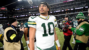 Jan 12, 2025; Philadelphia, Pennsylvania, USA; Green Bay Packers quarterback Jordan Love (10) on the field after loss to the Philadelphia Eagles in an NFC wild card game at Lincoln Financial Field. Mandatory Credit: Eric Hartline-Imagn Images