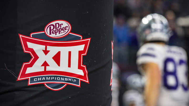 Dec 3, 2022; Arlington, TX, USA; A view of the Big 12 conference championship logo as Kansas State Wildcats warms up before the game between the TCU Horned Frogs and the Kansas State Wildcats at AT&T Stadium.