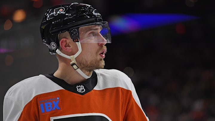 Nov 11, 2024; Philadelphia, Pennsylvania, USA; Philadelphia Flyers defenseman Rasmus Ristolainen (55) against the San Jose Sharks at Wells Fargo Center. Mandatory Credit: Eric Hartline-Imagn Images