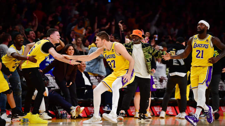 Nov 2, 2022; Los Angeles, California, USA; Los Angeles Lakers forward Matt Ryan (37) reacts with fans after scoring a three point basket to send the game into overtime during the second half at Crypto.com Arena. Mandatory Credit: Gary A. Vasquez-USA TODAY Sports