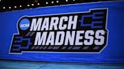 Mar 17, 2022; San Diego, CA, USA; A detailed view of a NCAA March Madness logo during practice before the first round of the 2022 NCAA Tournament at Viejas Arena. Mandatory Credit: Orlando Ramirez-Imagn Images