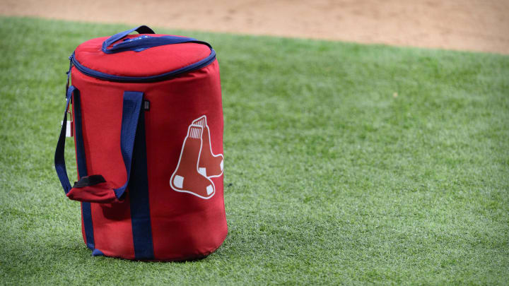 Apr 29, 2021; Arlington, Texas, USA; A view of the Boston Red Sox logo and a field bag during batting practice before the game between the Texas Rangers and the Boston Red Sox at Globe Life Field. Mandatory Credit: Jerome Miron-USA TODAY Sports