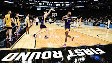 Mar 20, 2025; Milwaukee, WI, USA; Lipscomb Bisons work out during NCAA Tournament First Round Practice at Fiserv Forum. Mandatory Credit: Benny Sieu-Imagn Images