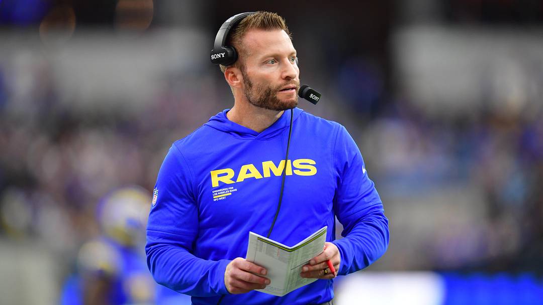 Jan 4, 2026; Inglewood, California, USA;  Los Angeles Rams head coach Sean McVay stands on the sidelines against the Arizona Cardinals during the first half at SoFi Stadium. Mandatory Credit: Gary A. Vasquez-Imagn Images