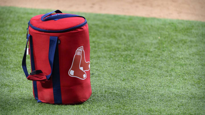 Apr 29, 2021; Arlington, Texas, USA; A view of the Boston Red Sox logo and a field bag during batting practice before the game between the Texas Rangers and the Boston Red Sox at Globe Life Field. Mandatory Credit: Jerome Miron-USA TODAY Sports