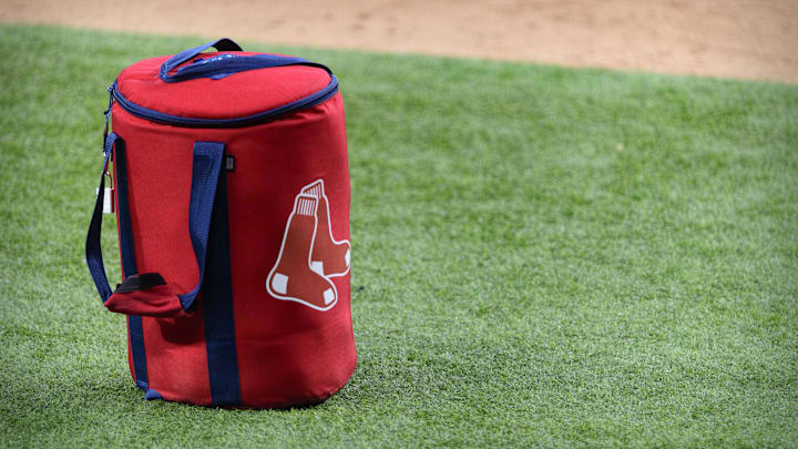 Apr 29, 2021; Arlington, Texas, USA; A view of the Boston Red Sox logo and a field bag during batting practice before the game between the Texas Rangers and the Boston Red Sox at Globe Life Field. Mandatory Credit: Jerome Miron-Imagn Images