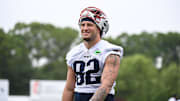 Jun 9, 2025; Foxborough, MA, USA; New England Patriots tight end C.J. Dippre (82) leaves the practice fields after minicamp at Gillette Stadium. Mandatory Credit: Eric Canha-Imagn Images