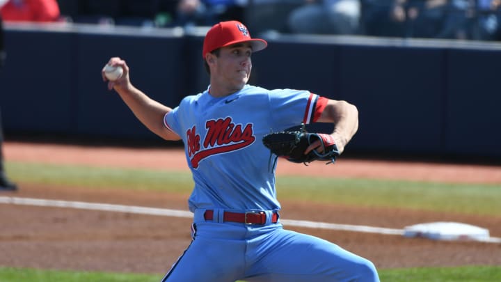 Ole Miss    Grayson Saunier pitches vs. Iowa at Oxford-University Stadium in Oxford, Miss. on Sunday, March 3, 2024. Ole Miss won 8-3.