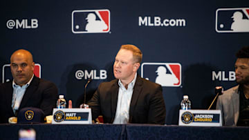 Senior Vice President and General Manager Matt Arnold talks about Jackson Chourio a press conference at the 2023 Baseball Winter Meetings at the Gaylord Opryland Resort & Convention Center in Nashville, Tenn., Monday, Dec. 4, 2023.