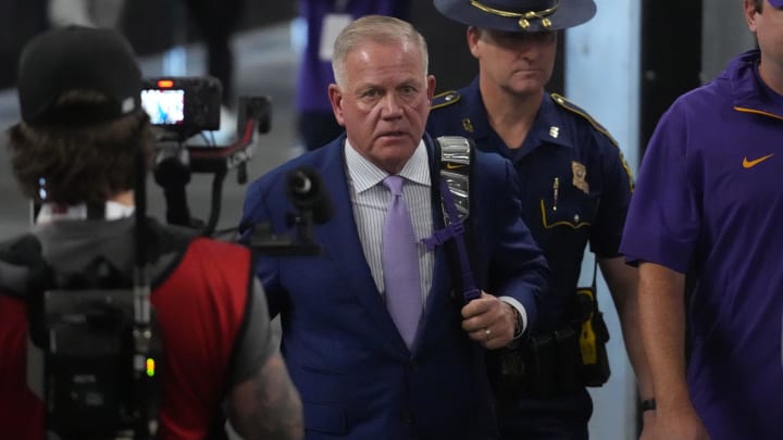 Sep 1, 2024; Paradise, Nevada, USA; LSU Tigers coach Brian Kelly arrives before the game against the Southern California Trojans  at Allegiant Stadium. Mandatory Credit: Kirby Lee-USA TODAY Sports