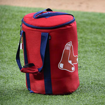 Apr 29, 2021; Arlington, Texas, USA; A view of the Boston Red Sox logo and a field bag during batting practice before the game between the Texas Rangers and the Boston Red Sox at Globe Life Field. Mandatory Credit: Jerome Miron-Imagn Images