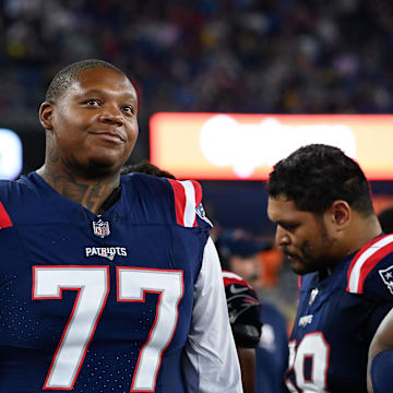 Aug 10, 2023; Foxborough, Massachusetts, USA; New England Patriots offensive tackle Trent Brown (77) during the first half against the Houston Texans at Gillette Stadium. Mandatory Credit: Eric Canha-Imagn Images