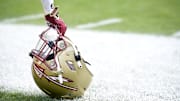 Apr 20, 2024; Tallahassee, Florida, USA; Florida State Seminoles helmet during the Spring Showcase at Doak S. Campbell Stadium. Mandatory Credit: Melina Myers-Imagn Images