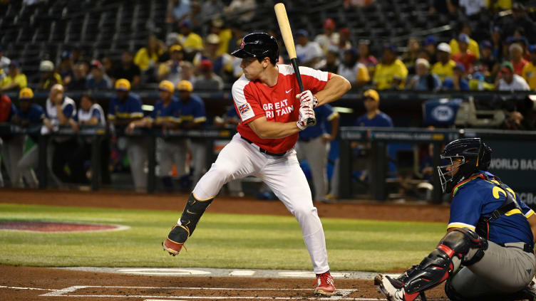 St. Louis Cardinals minor league outfielder Matt Koperniak while representing Great Britain during the 2023 World Baseball Classic in a Pool C game vs Colombia.