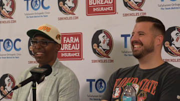 Florida A&M Rattlers head coach Charlie Ward (left) shares a laugh with Florida State Seminoles head coach Luke Loucks during a pregame press conference at The Coyle E. Moore Athletic Center for the Florida A&M Rattlers at Florida State Seminoles NCAA men's college basketball exhibition game, Tallahassee, Florida, Wednesday, Oct. 22, 2025.