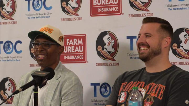 Florida A&M Rattlers head coach Charlie Ward (left) shares a laugh with Florida State Seminoles head coach Luke Loucks during a pregame press conference at The Coyle E. Moore Athletic Center for the Florida A&M Rattlers at Florida State Seminoles NCAA men's college basketball exhibition game, Tallahassee, Florida, Wednesday, Oct. 22, 2025.