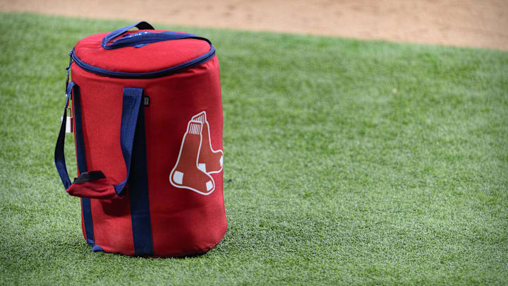 Apr 29, 2021; Arlington, Texas, USA; A view of the Boston Red Sox logo and a field bag during batting practice before the game between the Texas Rangers and the Boston Red Sox at Globe Life Field. Mandatory Credit: Jerome Miron-Imagn Images