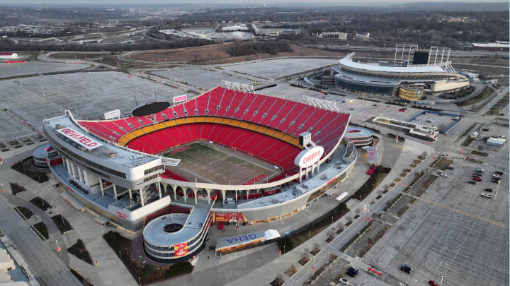 Feb 14, 2024; Kansas City, MO, USA; A general overall aerial view of Arrowhead Stadium (foreground) and Kauffman Stadium at the Truman Sports Complex. Mandatory Credit: Kirby Lee-USA TODAY Sports