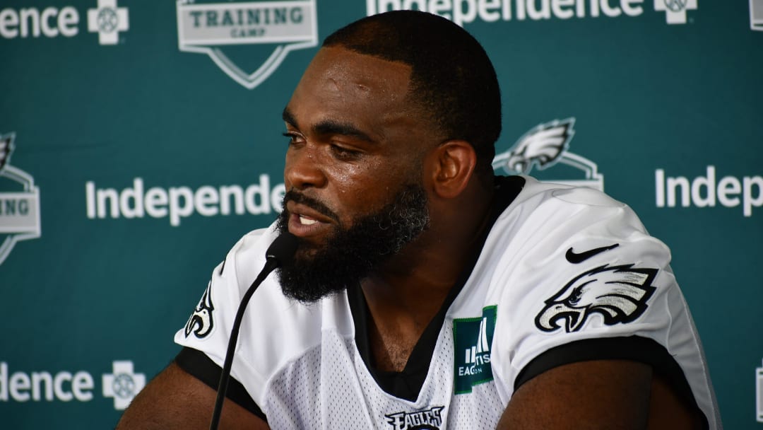 Philadelphia Eagles defensive end Brandon Graham speaks to the media after the first day of training camp at the NovaCare Complex in Philadelphia, Pennsylvania, on July 26, 2023.