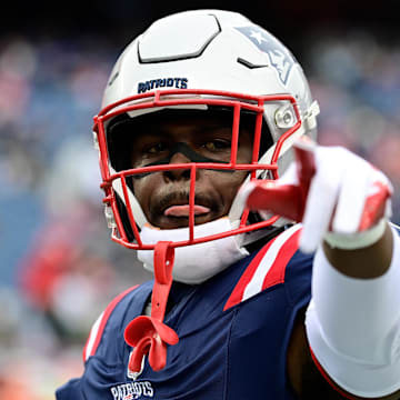 Dec 17, 2023; Foxborough, Massachusetts, USA; New England Patriots safety Jabrill Peppers (5) warms up before a game against the Kansas City Chiefs  at Gillette Stadium. Mandatory Credit: Eric Canha-Imagn Images