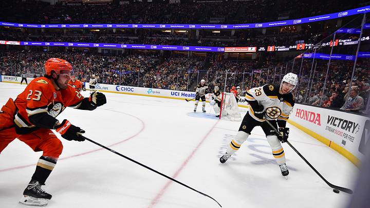 Mar 26, 2025; Anaheim, California, USA; Boston Bruins defenseman Parker Wotherspoon (29) clears the puck as Anaheim Ducks center Mason McTavish (23) moves in during the second period at Honda Center. Mandatory Credit: Gary A. Vasquez-Imagn Images