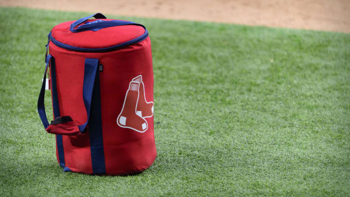 Apr 29, 2021; Arlington, Texas, USA; A view of the Boston Red Sox logo and a field bag during batting practice before the game between the Texas Rangers and the Boston Red Sox at Globe Life Field. Mandatory Credit: Jerome Miron-USA TODAY Sports