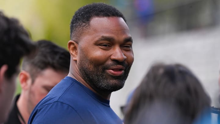 May 11, 2024; Foxborough, MA, USA; New England Patriots head coach Jerod Mayo holds a press conference before practice at the New England Patriots rookie camp at Gillette Stadium. 