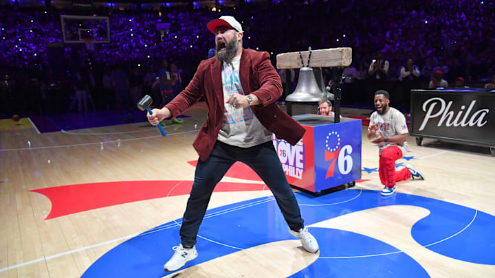 May 5, 2023; Philadelphia, Pennsylvania, USA; Philadelphia Eagles center Jason Kelce encourages the crowd before ringing the bell against the Boston Celtics before game three of the 2023 NBA playoffs at Wells Fargo Center. May 5, 2023; Philadelphia, Pennsylvania, USA; Philadelphia Eagles center Jason Kelce encourages the crowd before ringing the bell against the Boston Celtics before game three of the 2023 NBA playoffs at Wells Fargo Center.
