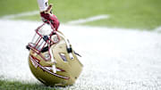 Apr 20, 2024; Tallahassee, Florida, USA; Florida State Seminoles helmet during the Spring Showcase at Doak S. Campbell Stadium. Mandatory Credit: Melina Myers-Imagn Images