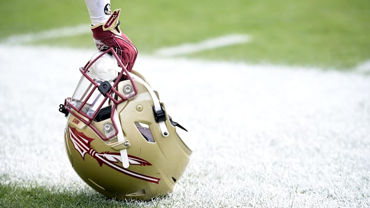 Apr 20, 2024; Tallahassee, Florida, USA; Florida State Seminoles helmet during the Spring Showcase at Doak S. Campbell Stadium. Mandatory Credit: Melina Myers-Imagn Images Apr 20, 2024; Tallahassee, Florida, USA; Florida State Seminoles helmet during the Spring Showcase at Doak S. Campbell Stadium. Mandatory Credit: Melina Myers-Imagn Images