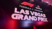Nov 19, 2025; Las Vegas, NV, USA; Signage for the Las Vegas Grand Prix pictured at Las Vegas Strip Circuit. Mandatory Credit: Gary A. Vasquez-Imagn Images