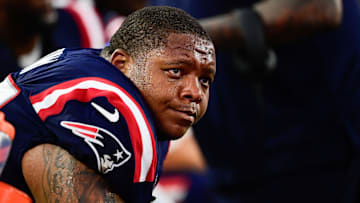 Sep 10, 2023; Foxborough, Massachusetts, USA; New England Patriots offensive tackle Trent Brown (77)